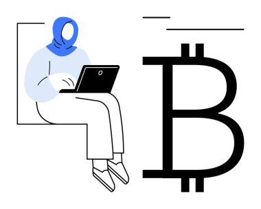 Bitcoin işaretinin yanında oturan bir kadın dizüstü bilgisayarda yazı yazıyor. Kripto para birimi, teknoloji, finans, uzaktan çalışma, yatırım, dijital para birimi, fintech temaları için ideal. Düz basit metafor