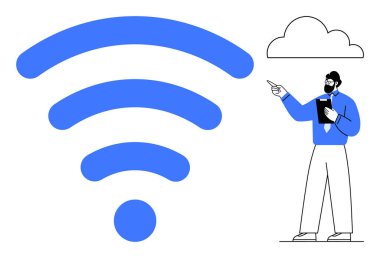 Businessperson elinde bir tablet tutarak bulutlu büyük mavi bir kablosuz sinyale doğru hareket ediyor. Bağlantı, teknoloji, internet, bulut hesaplama, ağ oluşturma, yenilik, dijital