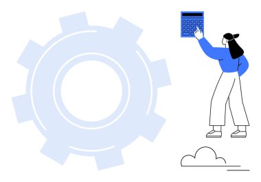 Hesap makinesini büyük vites arkaplanının yanında tutan kadın hesaplamayı, optimizasyonu ve karar vermeyi temsil ediyor. Teknoloji, iş, strateji, analitik eğitim verimliliği planlamak için idealdir. Düz