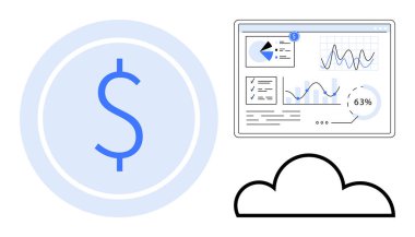 Dolar simgesi, bulut grafiği, çizelgeli mali konsol ve analizler vurgulandı. Finans, bulut hesaplama, iş stratejisi, veri yönetimi, yatırım teknolojisi ve ekonomi için ideal