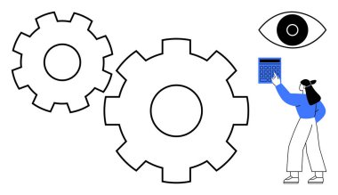 Ekip çalışması için dişliler, veri analizi için hesap makinesi kullanan kişi, gözlemi sembolize eden gözler. Üretkenlik, takım çalışması, analitik, izleme, sistem optimizasyonu için idealdir. Düz