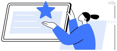 Dijital tablette mavi bir yıldıza el kol hareketi yapan bir kadın, başarıyı, tanınmayı veya kaliteyi ön plana çıkarıyor. Liderlik, eğitim, motivasyon, teknoloji başarısı kariyeri için ideal. Düz basit