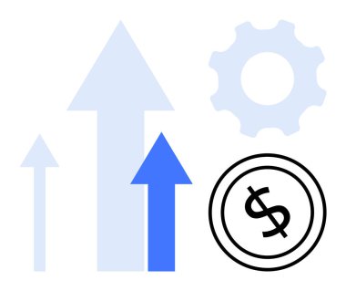 Yukarı bakan oklar, bir dişli ve bir dolar işareti gelişimi, yeniliği ve zenginliği simgeliyor. İş geliştirme, mali büyüme, strateji, girişimcilik başarısı ve analitik için ideal