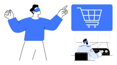 VR kulaklıklı bir erkek sanal araba ile etkileşime girer ve kontrol panelini çalıştırır. Teknoloji, e-ticaret, alışveriş, yenilik, sanal deneyim, kullanıcı arayüzü, gelecekteki trendler için ideal. Düz basit