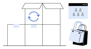 Geri dönüşüm sembollü karton kutular, alışveriş torbası ve kullanıcı simgeleriyle kullanıcı arayüzü penceresi. E-ticaret, lojistik, sürdürülebilirlik, müşteri yönetimi, dağıtım, çevrimiçi alışveriş için ideal