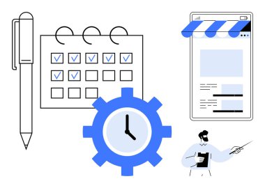 Görevlerle işaretlenmiş takvim, saat, kalem, mağaza önü web sayfası ve sunuma işaret eden eğitmen. Verimlilik, organizasyon, planlama, verimlilik eğitimi için ideal