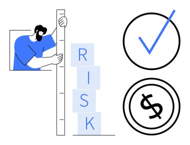 Yığılmış RISK bloklarını ölçmek için cetvel kullanıyor. Bitişik kontrol işaretleri ve dolar simgeleri değerlendirme, karar verme ve mali yönetim anlamına gelir. Risk, strateji, iş ve finans için ideal