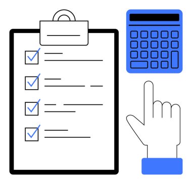 İşaretli görevleri olan kontrol listesi, mavi el bilgisayarı, işaret eden el simgesi. Üretkenlik, görev takibi, muhasebe, bütçe hesaplama, proje planlama, organizasyon sade metafor için ideal