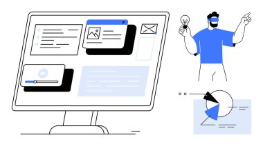 Masaüstü arayüzü multimedya içeriği ve analizleriyle, yanında yenilikleri gösteren bir ampul tutan bir adam. Yaratıcılık, teknoloji, strateji, analiz, iş planlaması için ideal