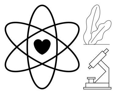 Merkezinde kalp, mikroskop ve soyut bitki şekilleri olan atomik yapı. Bilim, biyoloji, sağlık, çevre, araştırma eğitimi yenilik temaları için idealdir. Düz basit metafor