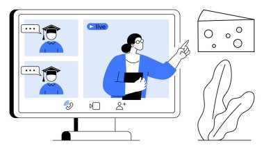 Öğretmen işaret ederek çevrimiçi sunum, başlık, bitki ve soyut şekillerde webinar ekranda iki öğrenci. Eğitim, e-öğrenim, uzaktan çalışma, eğitim ve iletişim eğitimi için ideal