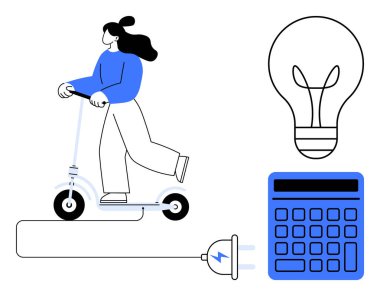 Elektrikli scooter kullanan kadın, şarj kablosu, ampul ve hesap makinesi enerjiyi, hesaplamayı ve eko-ulaşımı vurguluyor. Hareketlilik, yenilik, enerji verimliliği için ideal