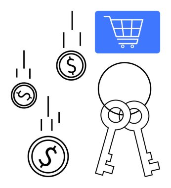 Düşen madeni paralar ve bir alışveriş arabası ikonu dışında anahtarlar güvenli bir e-ticaret, gelir ve ödemeyi temsil ediyor. Çevrimiçi iş, güvenlik, finans, perakende, dijital ödeme, ekonomi sade