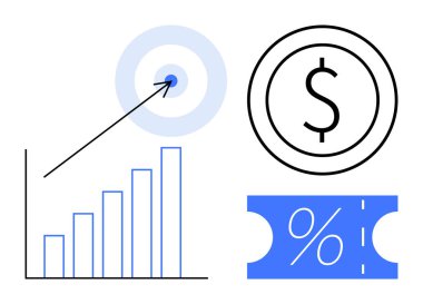 Büyüme grafiği yükselen eğilimi gösteriyor. Hedefi ok olan hedef hedefleri temsil ediyor. Dolar parası zenginliği simgeler. Yüzde kuponu tasarruf anlamına gelir. Finans, iş büyümesi ve pazarlama için ideal