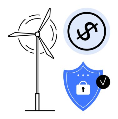 Rüzgar türbini dönüyor, bir dairenin içinde dolar işareti ve kilit ve kontrol işaretli güvenlik kalkanı. Sürdürülebilirlik, finans, teknoloji, enerji, güvenlik iklim eylem yatırımı için ideal. Düz