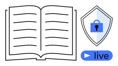 Metni temsil eden satırları, güvenliği simgeleyen asma kilidi olan kalkanları ve canlı olarak çalan tuşları içeren kitabı aç. Çevrimiçi eğitim, siber güvenlik, webinarlar, sanal öğrenme, veri koruması için ideal