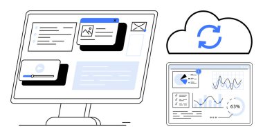 Masaüstü monitörü bulut ile eşleşen multimedya ve belgeleri gösteriyor. Gösterge panelindeki grafikler ve analizler. Teknoloji, bulut hesaplama, veri paylaşımı, üretkenlik ve işbirliği için ideal