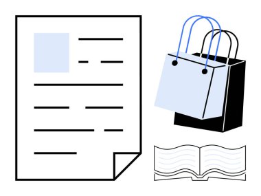 Metni andıran satırlar, saplı mavi ve siyah alışveriş çantası ve sayfalı açık bir kitap. E-ticaret, eğitim, bilgi alışverişi, belgeler, çevrimiçi alışveriş için ideal