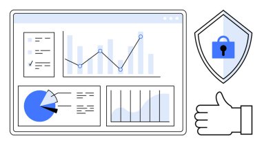 Grafikli veri paneli, pasta grafiği ve güvenlik onayını işaret eden kilit sembollü belge kalkanı. Veri koruması, analitik, bilişim güvenliği ve iş başarısı için ideal