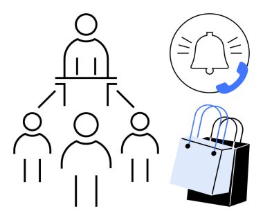 Hiyerarşik organizasyon şeması, dört bağlantılı kişi, bir telefon ikonu ve iki alışveriş çantası. Takım yönetimi, iletişim ve e-ticaret için ideal