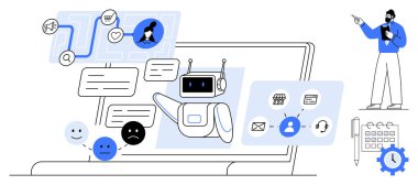 Yapay zeka sohbet robotu dizüstü bilgisayarla iletişim kuruyor, yüzlerle temsil edilen kullanıcı duyguları, profesyonel rehberlik, dijital görevler. Teknoloji, müşteri etkileşimi, iletişim, üretkenlik için ideal
