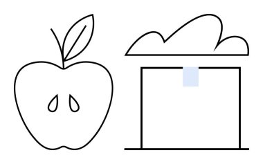 Tohumları ve yaprakları olan bir elma. Bulutla kaplı bir evin yanında. Doğa için ideal, basitlik, yiyecek, sürdürülebilirlik, yaratıcılık, çift anlam, çevresel kavramlar. Düz basit metafor