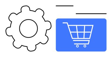 Mavi bir dikdörtgen üzerinde alışveriş arabasının yanında büyük vites simgesi. Teknoloji, e-ticaret, perakende, çevrimiçi alışveriş, teknik süreçler, optimizasyon, otomasyon için ideal. Düz basit metafor