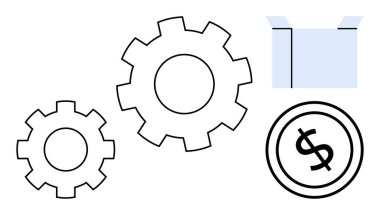 Üç vites, bir karton kutu ve takım çalışmasını, üretimi, verimliliği, yeniliği, ambalajı, ticareti ve değer neslini gösteren bir dolar. İş görselleri için ideal düz basit metafor