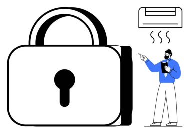 Klimayı işaret eden profesyonel bir adamın yanında güvenliği simgeleyen büyük bir asma kilit. Güvenlik için ideal, ev otomasyonu, gizlilik, teknoloji, klima kontrolü, akıllı cihazlar, veri güvenliği. Düz