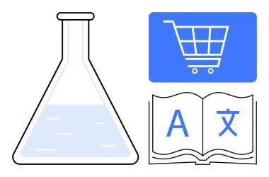 Sıvı, dijital alışveriş arabası ve harflerle dolu bir kitap. Eğitim, araştırma, e-ticaret, teknoloji, bilgi paylaşımı, çok dilli iletişim yeniliği için idealdir. Düz basit