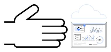 Çizelgeleri, grafikleri ve bulutu olan dijital gösterge panelinin yanında. Teknoloji, veri görselleştirme, bulut hesaplama, dijital yenilik, analitik, iş yönetimi iş akışı için ideal