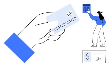 Kadın imzalı makbuzun yanında hesap makinesi kullandığı için kredi kartı elinde. Finans, ödeme, muhasebe, alışveriş, bütçe işlemleri ve bankacılık için ideal. Düz basit metafor