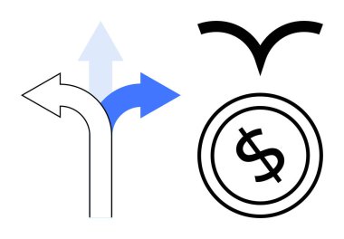 Farklı yönlere bakan üç ok seçenekleri temsil ediyor. Madeni para finansal odaklanmayı ve büyüme sembolünü işaret ediyor. İş stratejisi, kariyer seçimi, yatırım, finans, büyüme için ideal