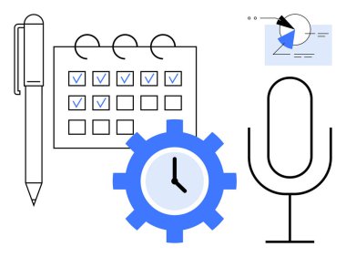 Kalem, kutulu takvim, dişli saat, mikrofon ve pasta grafiği. Üretkenlik, planlama, podcast stratejisi iş akışı zaman izleme organizasyonu için idealdir. Düz basit metafor