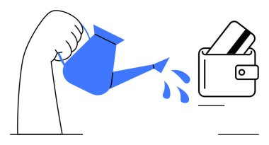 Mavi sulama kutusuyla el, içinde kredi kartları olan bir cüzdana su döker. Mali büyüme, yatırımlar, tasarruflar, para yönetimi, ekonomik strateji, bütçe planlaması için ideal