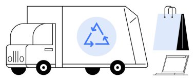Yanında alışveriş torbaları ve dizüstü bilgisayarla geri dönüşüm sembolü olan bir teslimat kamyonu. Sürdürülebilirlik, lojistik, eko-ticaret, geri dönüşüm, yeşil teknoloji, e-ticaret modern ekonomi için idealdir. Düz