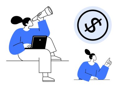 Teleskop kullanan bir kadın gelecekteki fırsatları gözlemliyor. Finansal hedeflere dolar vurguluyor. Finans, strateji, planlama, yatırımlar, vizyon ve ilerleme için ideal. Düz basit