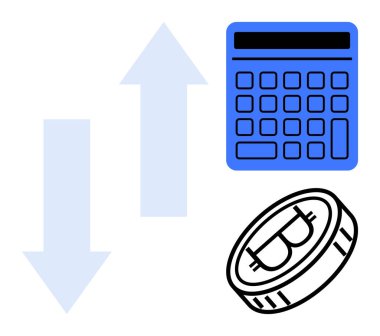 Hesap makinesinin yanında, yukarı ve aşağı bakan oklarla birlikte bitcoin para. Kripto para birimi, engelleme zinciri, yatırım, finansal analiz, ekonomi, ticaret, risk yönetimi için ideal. Düz basit metafor