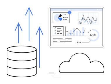 Veritabanı verileri yukarı doğru eğilimleri gösteren grafikler, grafikler ve oklarla bulut tabanlı analitik panele aktarıyor. Bulut hesaplama, analitik, veri depolama, iş büyümesi için ideal