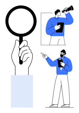 El ele tutuşan büyüteç, teleskoptan bakan adam ve elinde panoyla işaret eden adam. Araştırma, araştırma, keşif, keşif ve analiz için ideal. Düz basit