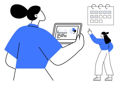 Birinde grafik gösteren bir tablet, diğerinde ise takvim kontrol listesinde iki kadın iç görüyü paylaşıyor. Takım çalışması, planlama, üretkenlik, işbirliği, analitik, zamanlama, düz