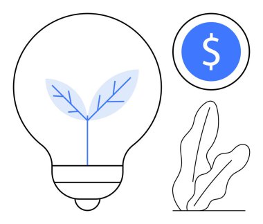 Filizlenen bitkili ampul dolar işaretli bozuk para ve minimalist bitki yaprakları. Sürdürülebilirlik, yeşil enerji, eko-verimlilik, yenilik, yatırımlar, büyüme stratejisi için ideal basit