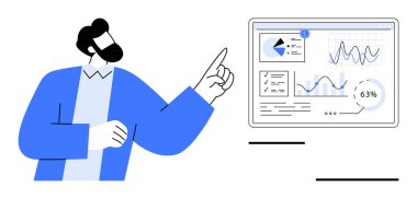 Analitik çizelgeler, grafikler ve istatistikler içeren veri paneline bakan analist. İş analizi, veri yönetimi, rapor oluşturma, büyüme stratejisi, performans değerlendirmesi için ideal