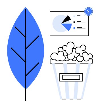 Mavi yaprak, patlamış mısır kabı ve finansal verileri para işaretiyle görselleştiren pasta grafiği. Sürdürülebilirlik, yatırım, çevre dostu eğlence, finans, büyüme analizi pazarlama için ideal. Düz