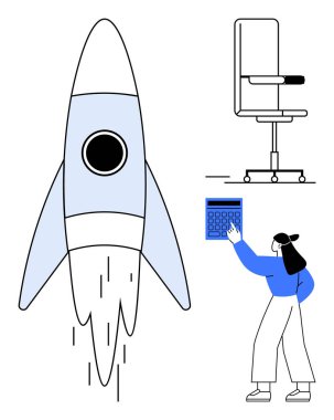 Roketler ateşleniyor, kadın hesap makinesi tutuyor, ofis sandalyesi iş büyümesini, yeniliği, çalışma alanını, hedefleri, teknolojiyi, girişimleri, finans kariyerinde ilerlemeyi temsil ediyor.