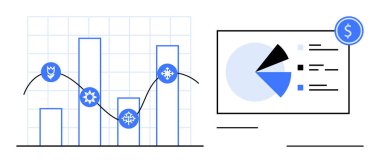 Mevsimlik simgelerle bar tablosu, çizgi grafiği, dolar işaretli pasta tablosu. İş, finans, istatistik, veri eğilimleri, piyasa analizi ekonomi araştırmaları için idealdir. Düz basit metafor