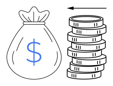 Para çantasının yanında bir yığın bozuk para ve sola bakan bir ok var. Bu da nakit akışı, tasarruf ya da para transferleri olduğunu gösteriyor. Finans, bankacılık, bütçe, işlemler, yatırım ekonomisi için ideal