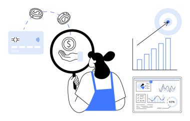 Kadın dolar işaretini dijital ödeme, bar çizelgesi, hedef ve analitik gösterge paneliyle çevrili bir büyüteçle inceliyor. Finans, analiz, büyüme, strateji yatırımı fintech dairesi için ideal