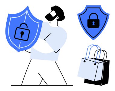 Adam kalkanı kilitli tutuyor, başka bir kalkanı kilitli, ve alışveriş torbalarını. E-ticaret, çevrimiçi alışveriş, siber koruma, mali güvenlik, veri gizliliği, güvenli işlemler için ideal