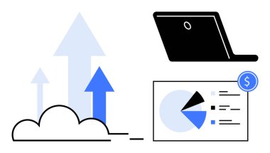 Büyümek için yukarı doğru ok, teknoloji için laptop, dolar simgesi olan veri tablosu. İş, teknoloji, finans, büyüme, yenilik yatırım stratejisi için idealdir. Düz basit metafor